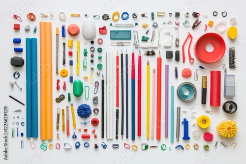 Colorful stationery and plastic objects arranged on white background; design, craft, education