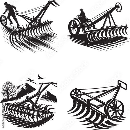 Plough black and white silhouette assets in vector farm 