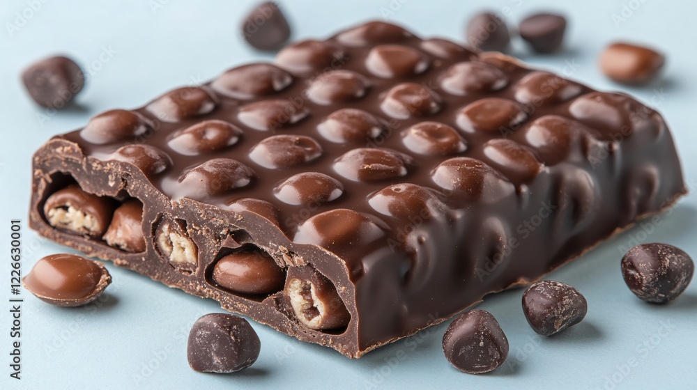 Dark chocolate bar with filled pieces and loose chocolate drops on a light blue surface Dark chocolate bar with filled pieces and loose chocolate drops on a light blue surface
