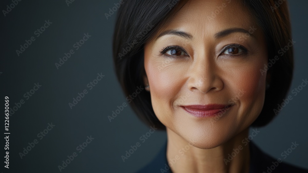 Fototapeta premium Close-up of a professional businesswoman with a warm, engaging smile, captured in high detail, reflecting confidence and competence in her field.