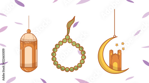 Vector set with arabic elements for Ramadan Greetings, Iftar Party invitation. Arabic hookah, coffee pot, crescent, Eastern lanterns for Iftar, Eid Al-Fitr decoration. Muslim feast of Ramadan month.