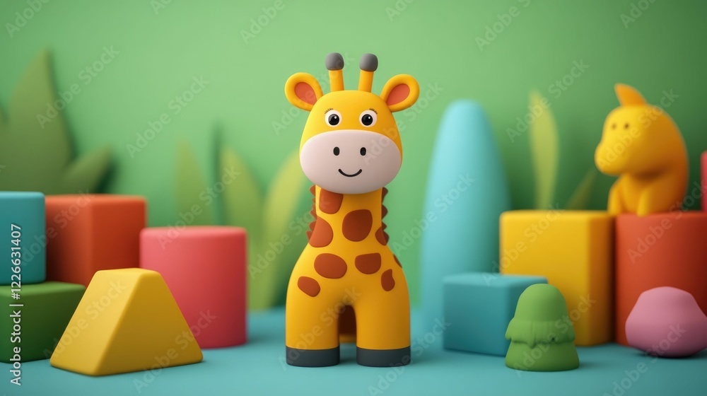 Vibrant 3D animation of a cartoon giraffe teaching shapes and numbers through colorful geometric blocks in a lively kindergarten or preschool scene an engaging educational tool for young learners Vibrant 3D animation of a cartoon giraffe teaching shapes and numbers through colorful geometric blocks in a lively kindergarten or preschool scene an engaging educational tool for young learners