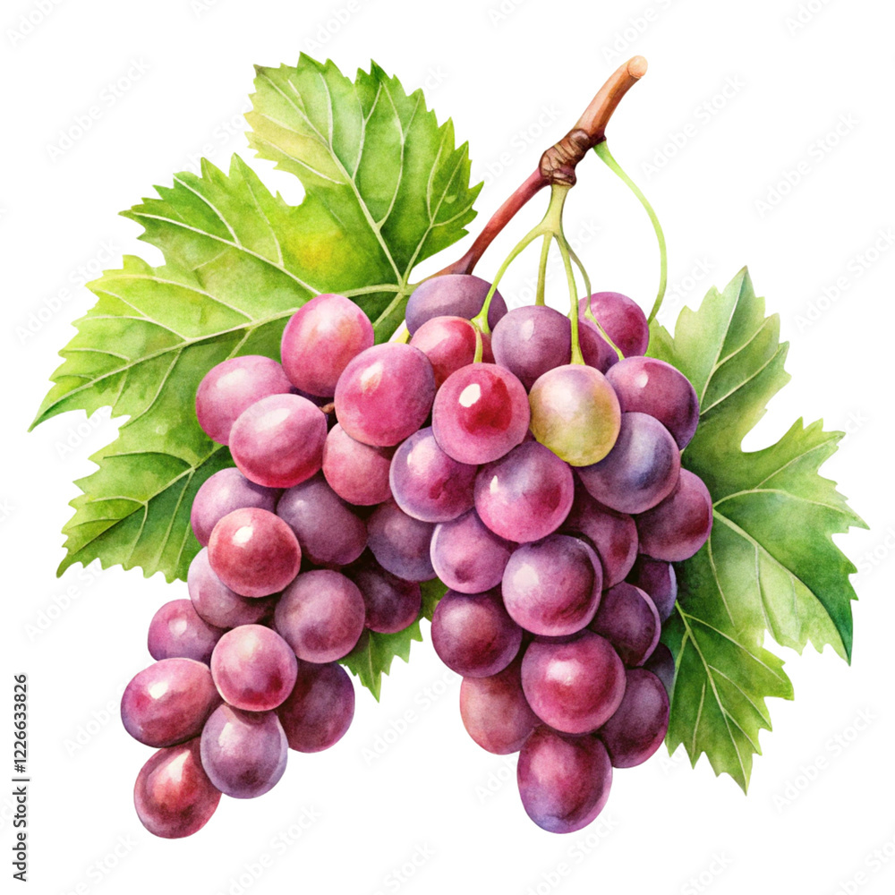 Fototapeta premium Watercolor painting, realistic green grapes, vine leaves, botanical illustration, detailed fruit, vibrant colors