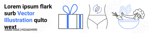 Gift box with bow, body showing waistline measurement, and a bowl of healthy fruits and vegetables. Ideal for wellness, holidays, fitness, nutrition, lifestyle, gift-giving and health promotion