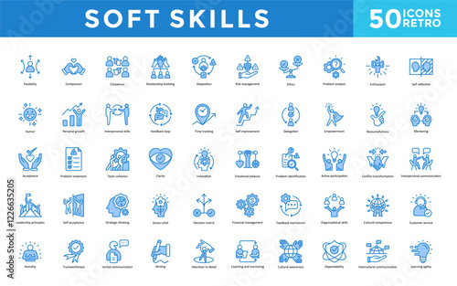 Soft skills icon set with flexibility, compassion, consensus, relationship building, adaptation, risk management, ethics, problem, analysis, enthusiasm icon. Simple retro vector 

