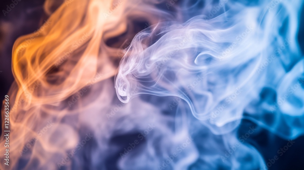 Obraz premium Close-up of smoke from a small bonfire at dusk, with the smoke merging with the evening light and creating a warm, atmospheric scene.