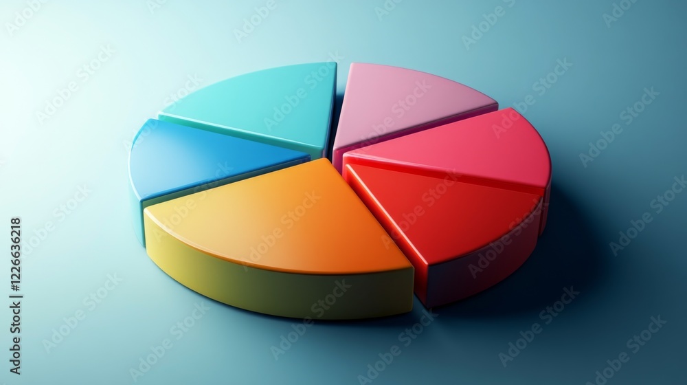 Obraz premium Colorful D pie chart with segments tilted slightly, showing depth and perspective, business theme
