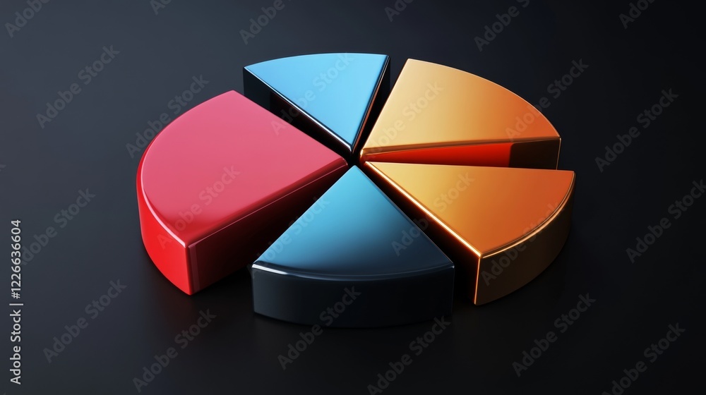 Fototapeta premium Detailed D pie chart with metallic textures, each segment separated slightly, dark background