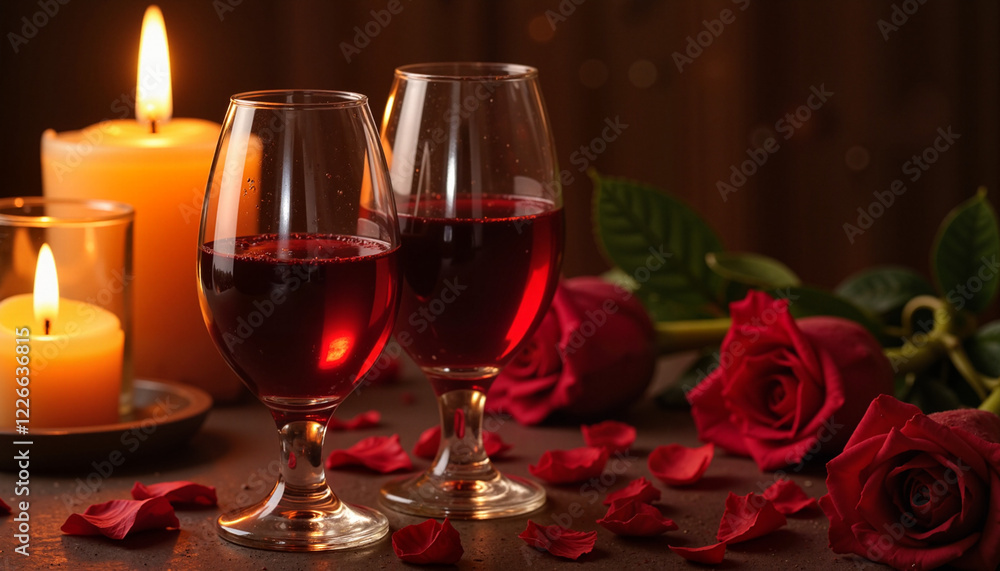 Red wine glasses beside candles and roses Red wine glasses beside candles and roses