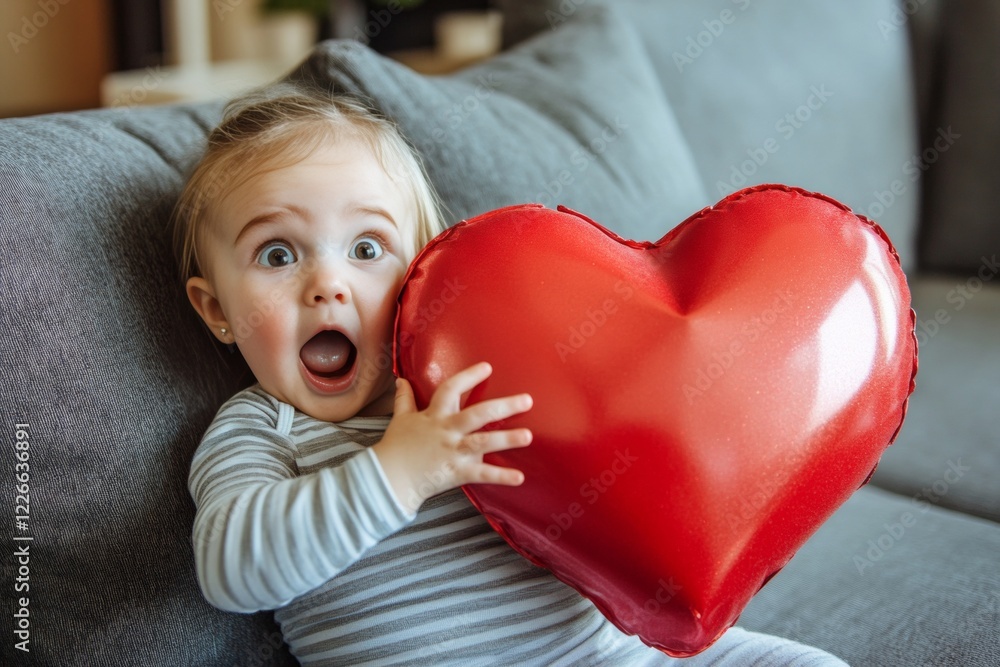 Сhildren valentine's day greeting card: toddler girl with astonished face holds red heart in hands. Commercial concept art. Sign of love. Family-themed valentine's art. Сhildren valentine's day greeting card: toddler girl with astonished face holds red heart in hands. Commercial concept art. Sign of love. Family-themed valentine's art.
