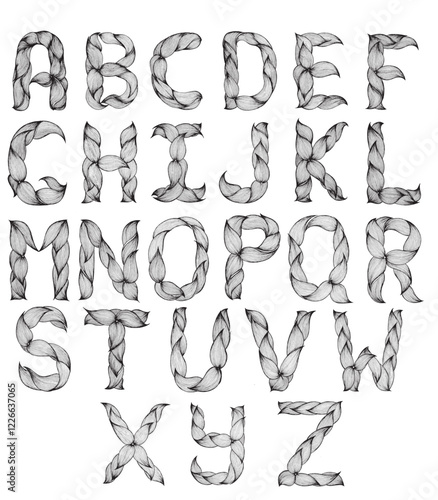 Creative English alphabet with letters designed in a braided leaf style. Hand-drawn artistic typography perfect for branding, design projects, posters, greeting cards, and decorative compositions
