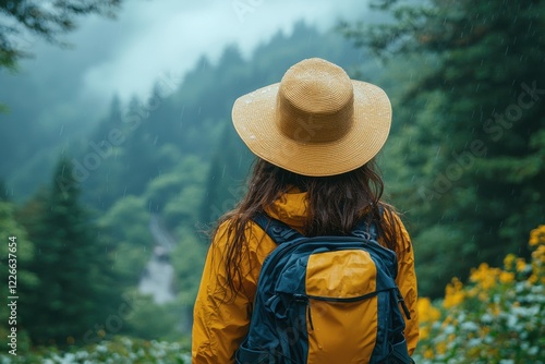 Woman in a yellow raincoat and straw hat explores a misty forest during a rainfall photo