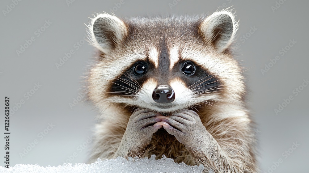 Obraz premium Cute raccoon posing in snow, studio shot, wildlife animal portrait, for children's books