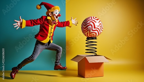 Excited clown reacting to a surprise jack-in-the-box toy.