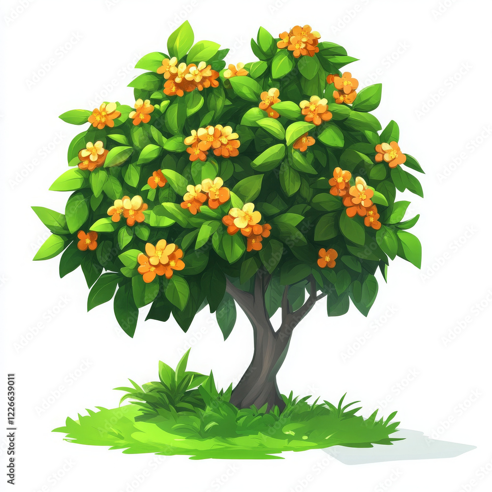 Fototapeta premium vibrant bush with orange flowers and lush green leaves, perfect for gardens