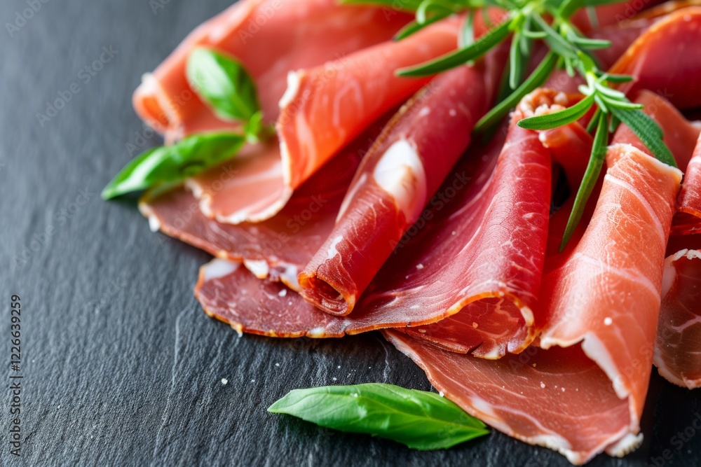 National Cold Cuts Day. Macro photograph of thinly sliced cured meats, rolled and garnished with fresh basil and rosemary, arranged on a dark surface. National Cold Cuts Day. Macro photograph of thinly sliced cured meats, rolled and garnished with fresh basil and rosemary, arranged on a dark surface.
