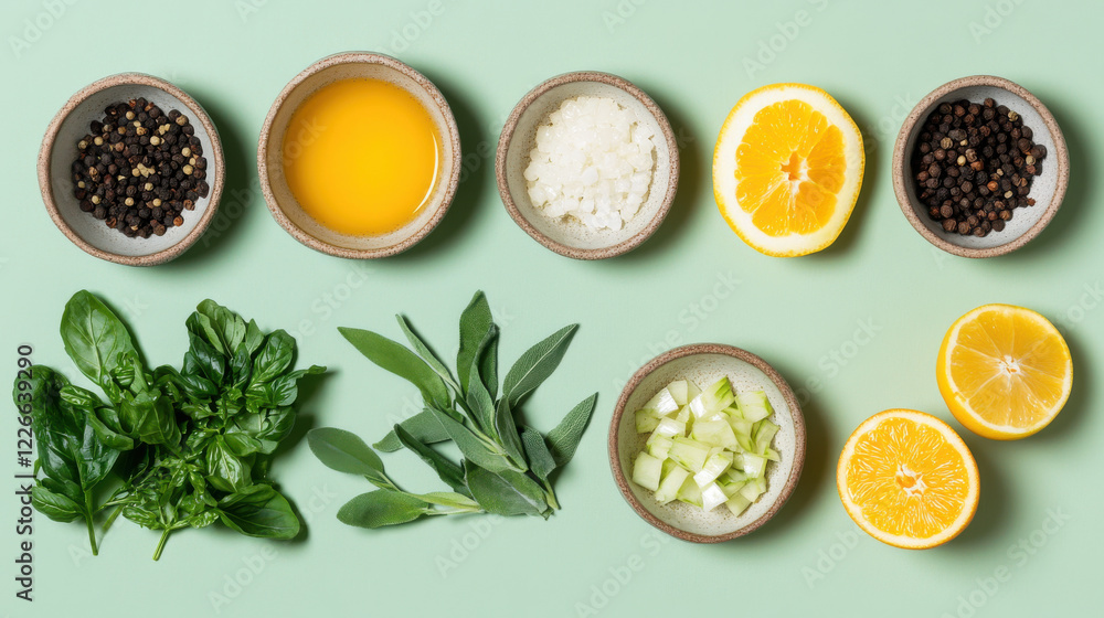 A minimal arrangement of fresh cooking ingredients, highlighted by vibrant yellows and whites in rustic earthenware bowls, placed symmetrically on a pale sage green backdrop A minimal arrangement of fresh cooking ingredients, highlighted by vibrant yellows and whites in rustic earthenware bowls, placed symmetrically on a pale sage green backdrop
