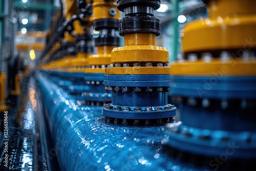 Industrial pipeline system with blue and orange valves in a manufacturing facility showcasing modern engineering details photo