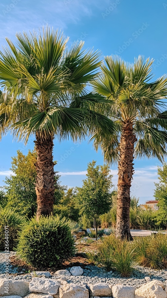 Obraz premium Two palm trees stand tall against a clear blue sky surrounded by green plants and rocks