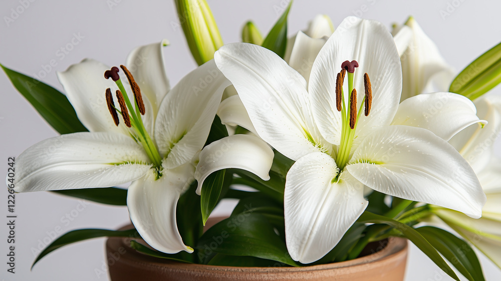 Obraz premium White Lily Flowers in Full Bloom on White Background 