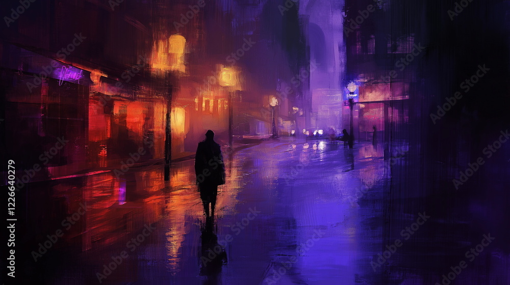Lonely Figure Walking Through a Dimly Lit City Street at Night, Reflecting Urban Solitude Lonely Figure Walking Through a Dimly Lit City Street at Night, Reflecting Urban Solitude