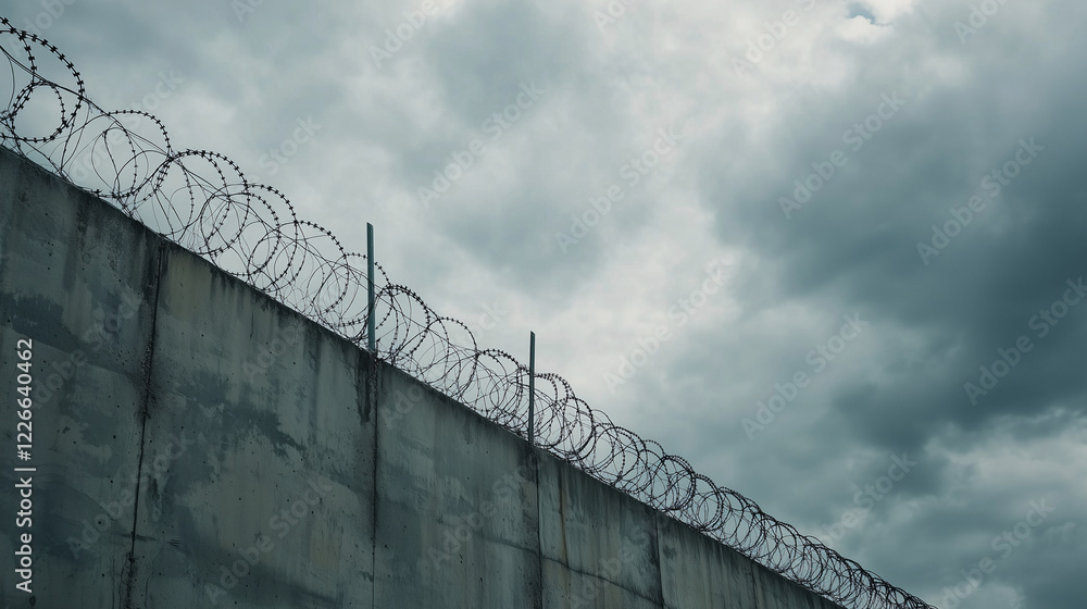 A high concrete security wall topped with barbed wire under a grey, overcast sky, evoking themes of restriction, surveillance, and control. A high concrete security wall topped with barbed wire under a grey, overcast sky, evoking themes of restriction, surveillance, and control.