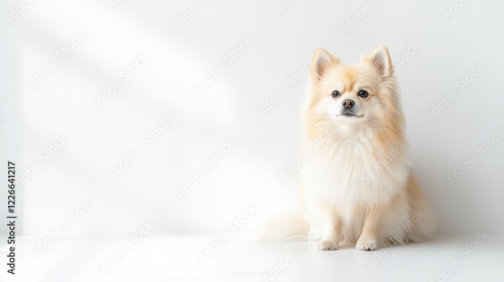 Obraz premium Small dog and fluffy dog sitting on a clean white surface looking at the camera together