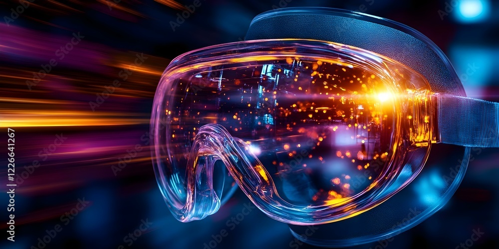 A pair of futuristic goggles with a reflective lens, set against a vibrant, motion-blurred background. Concept Futuristic Goggles, Reflective Lens, Motion Blur, Vibrant Background, High-Tech Design