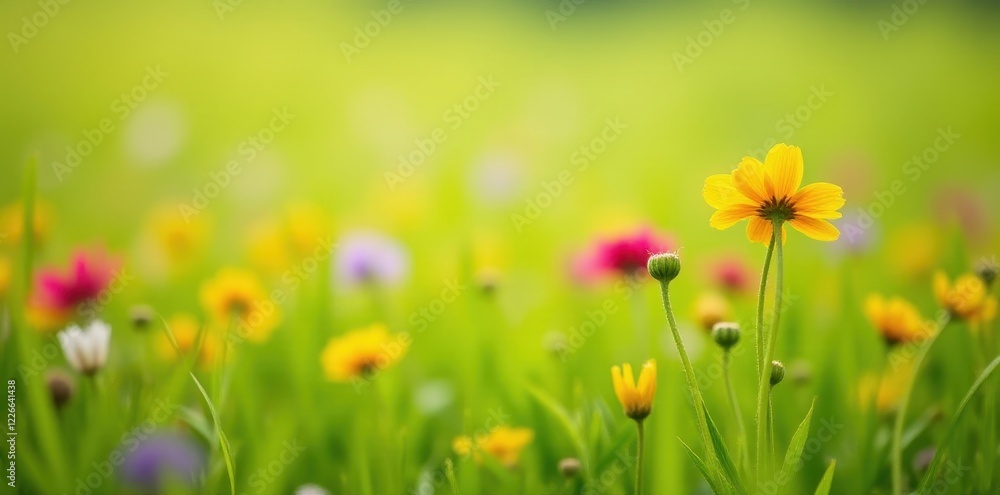 Close-up vibrant wildflowers, green grass background, copy space, background, details, spring Close-up vibrant wildflowers, green grass background, copy space, background, details, spring