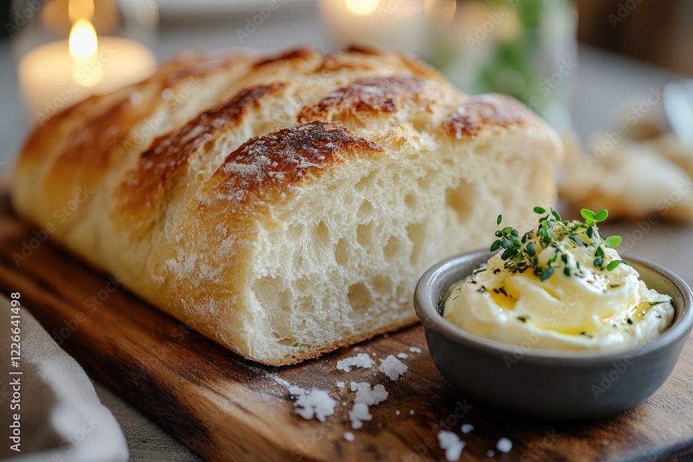 Crusty homemade bread loaf with whipped feta and herbs on wooden board Crusty homemade bread loaf with whipped feta and herbs on wooden board