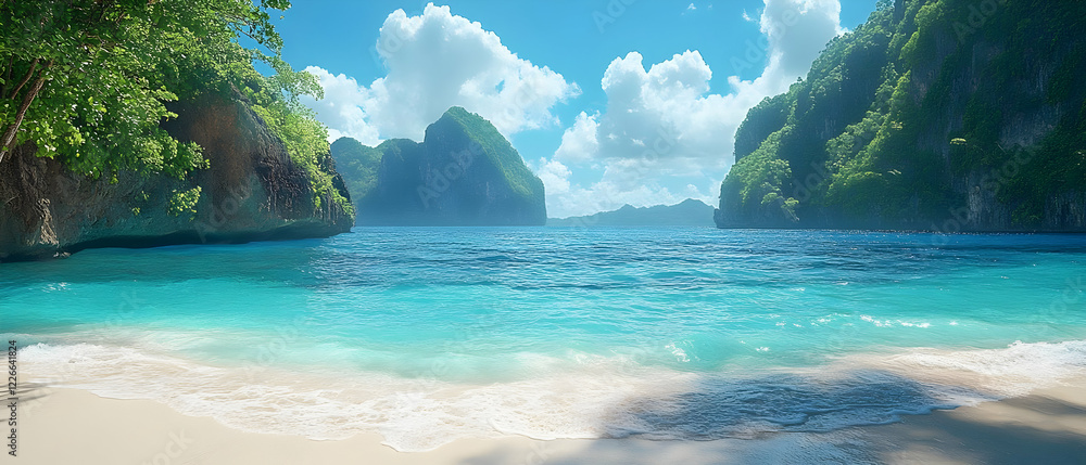 Fototapeta premium Tropical beach cove, turquoise water, sunny sky, postcard