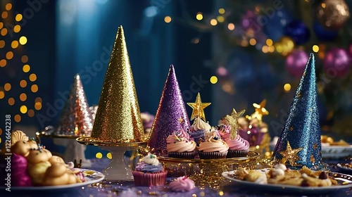 Festive cupcakes, party hats, bokeh lights, dessert table photo