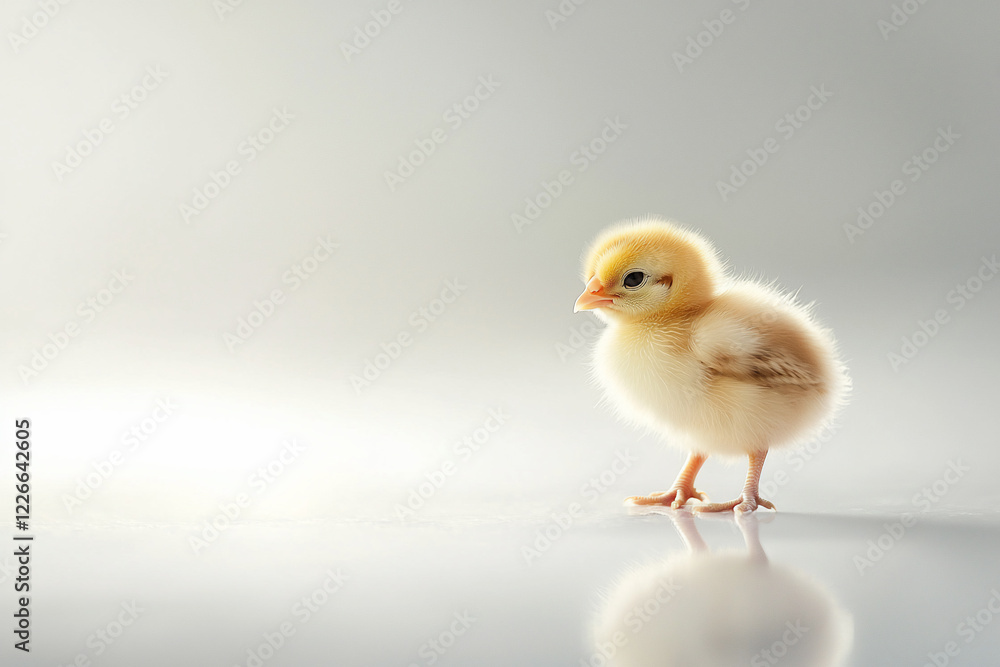 Fototapeta premium A cute, fluffy chick stands alone on a reflective surface, softly lit, evoking feelings of warmth and innocence
