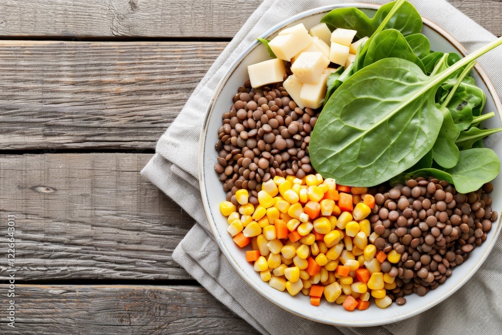Lent. Healthy salad bowl with lentils, corn, spinach, and cheese on a wooden table. Lent. Healthy salad bowl with lentils, corn, spinach, and cheese on a wooden table.