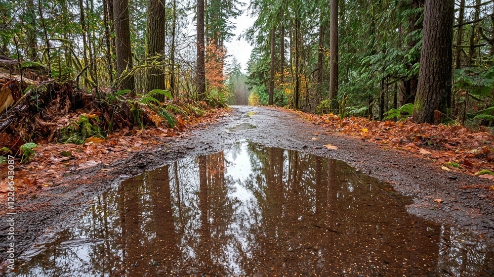 Obraz premium Autumn Forest Puddle Reflections