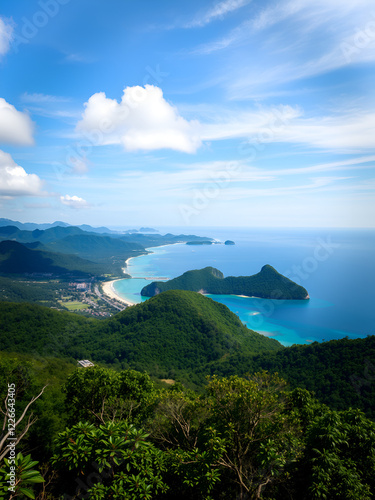 Panoramic view of the azure bay and forest hills, Indonesia photo