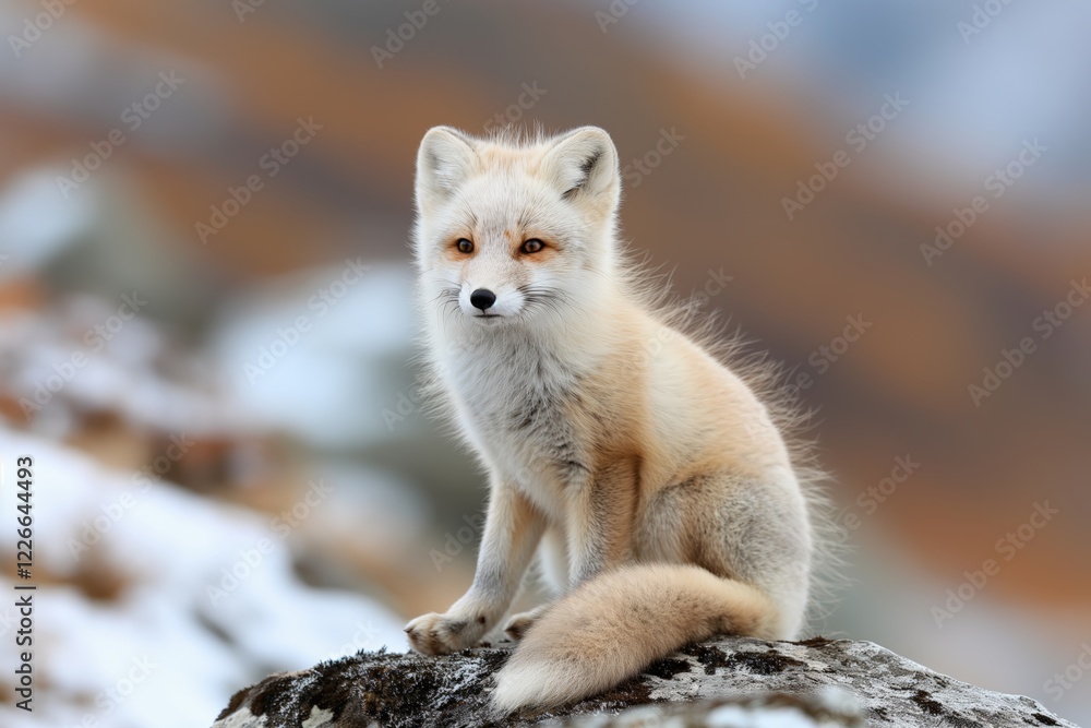 World Wildlife Day. Majestic Arctic fox sitting on a mossy rock in a mountain landscape. World Wildlife Day. Majestic Arctic fox sitting on a mossy rock in a mountain landscape.