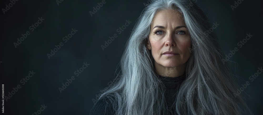 Contemplative mature woman with long grey hair in black attire against a dark backdrop highlighting her enigmatic presence and serene expression Contemplative mature woman with long grey hair in black attire against a dark backdrop highlighting her enigmatic presence and serene expression