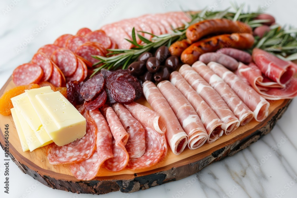 National Cold Cuts Day. Gourmet wooden charcuterie board with assorted meats, cheeses, olives, and herbs. National Cold Cuts Day. Gourmet wooden charcuterie board with assorted meats, cheeses, olives, and herbs.