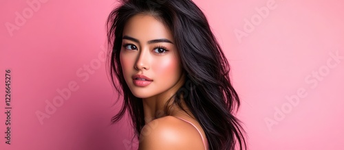 Wallpaper Mural Beautiful young woman with long dark hair gazing confidently at the camera, set against a vibrant pink background, capturing her elegance and grace. Torontodigital.ca