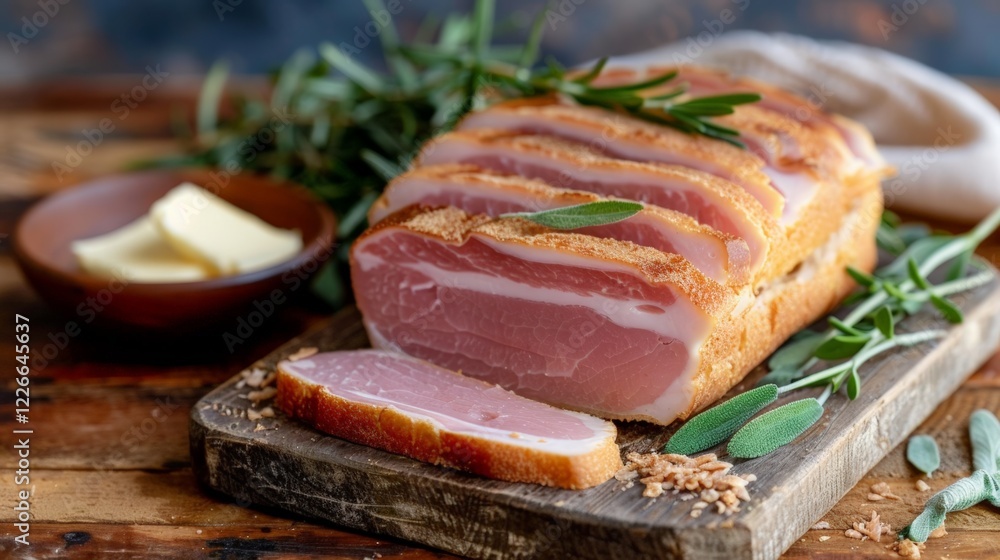 National Cold Cuts Day.Gourmet cold cuts elegantly presented on a rustic wooden cutting board with fresh herbs. National Cold Cuts Day.Gourmet cold cuts elegantly presented on a rustic wooden cutting board with fresh herbs.