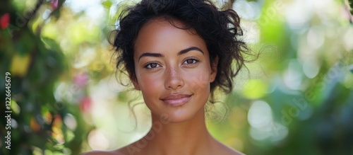 Close-up portrait of a young woman with curly hair smiling in a vibrant green outdoor setting with soft natural light highlighting her features photo