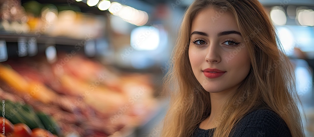 Fototapeta premium Grocery delivery concept featuring a focused supermarket worker with long hair and soft lighting, positioned near a colorful meat display in a butcher shop.