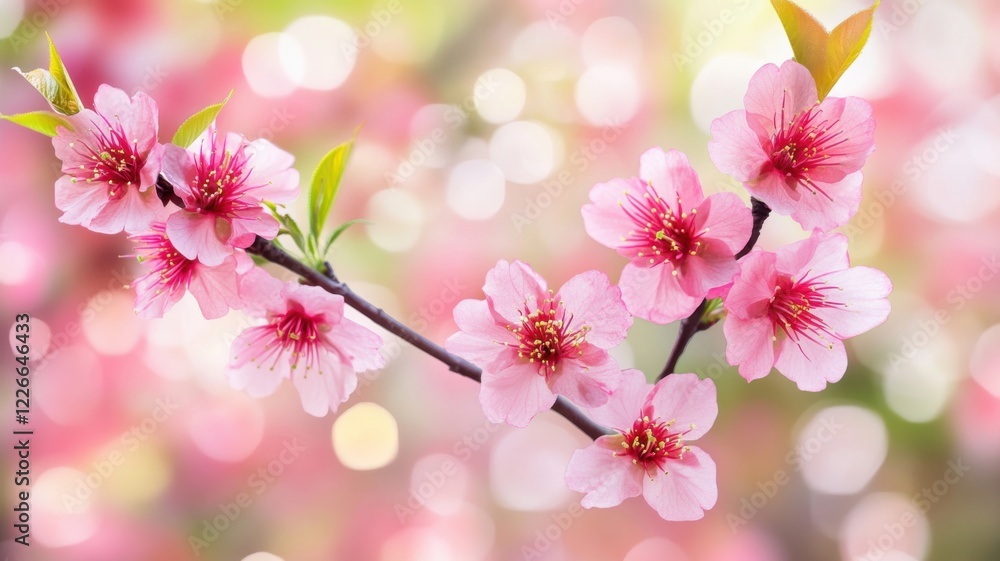 Beautiful cherry blossom branch in full bloom during springtime, showcasing vibrant pink flowers and fresh green leaves Beautiful cherry blossom branch in full bloom during springtime, showcasing vibrant pink flowers and fresh green leaves