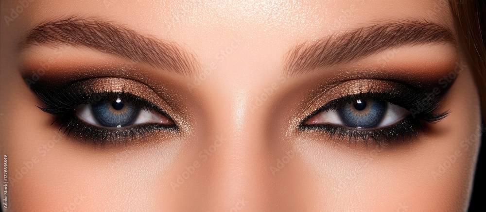 Fototapeta premium Captivating close-up of smoky eye makeup featuring bronze shades enhancing blue eyes with defined brows and dramatic eyeliner on a flawless complexion