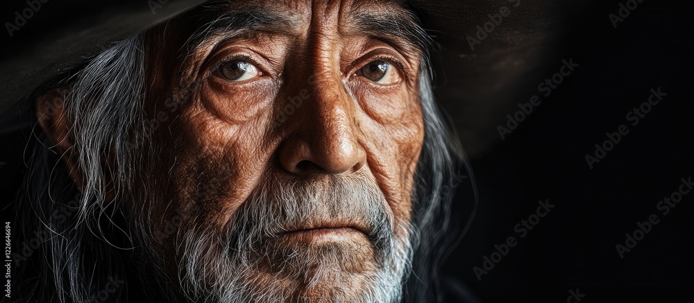 Close up portrait of an elderly shaman with deep lines and wise eyes illuminated against a dark background showcasing his experience and depth. Close up portrait of an elderly shaman with deep lines and wise eyes illuminated against a dark background showcasing his experience and depth.