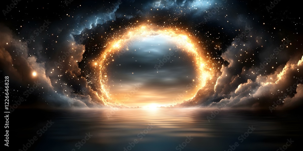 A cosmic scene featuring a glowing ring of stars and clouds reflecting on a calm ocean, with a bright horizon. Concept Cosmic Landscape, Glowing Stars, Ocean Reflection, Serene Horizon A cosmic scene featuring a glowing ring of stars and clouds reflecting on a calm ocean, with a bright horizon. Concept Cosmic Landscape, Glowing Stars, Ocean Reflection, Serene Horizon