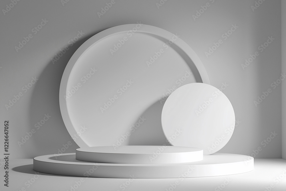 Minimalist studio setup featuring three white geometric shapes on a smooth surface in a bright space Minimalist studio setup featuring three white geometric shapes on a smooth surface in a bright space