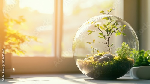 Glass terrarium showcasing a small plant and stones in a sunlit indoor setting