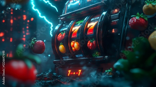 Vibrant Slot Machine with Fruits and Lightning in Mystical Setting